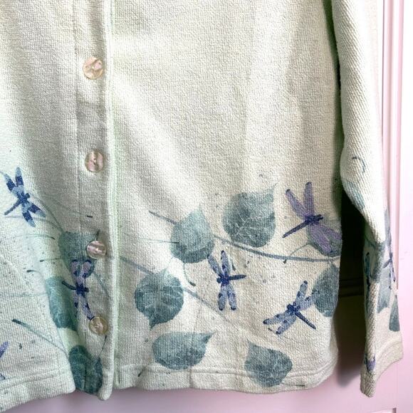 Vintage Art to Wear Dragonfly Cardigan S Sage Green Botanical Print Nature Retro - Picture 7 of 10